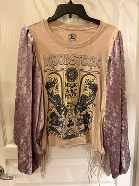Custom Woodstock Graphic Fringe Top with Velvet Lilac Sleeves